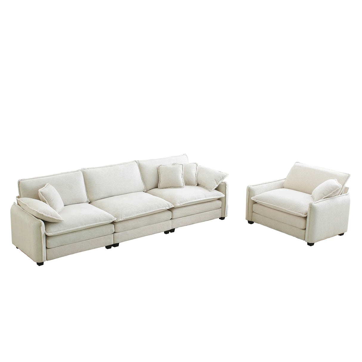 Mid-Century Modern Sofa with 4 Throw Pillows and Accent Chair, Beige Corduroy Fabric - Furniture Home Direct