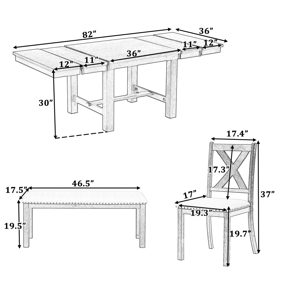 Topmax - 6 Piece Farmhouse Extendable Dining Table With Footrest, 4 Upholstered Dining Chairs And Dining Bench, Two 11" Removable Leaf - Furniture Home Direct