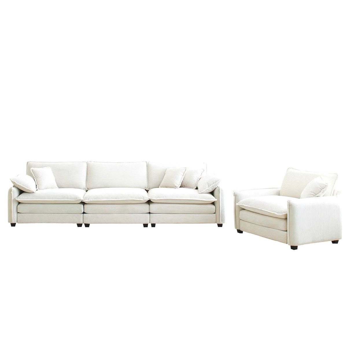 Mid-Century Modern Sofa with 4 Throw Pillows and Accent Chair, Beige Corduroy Fabric - Furniture Home Direct