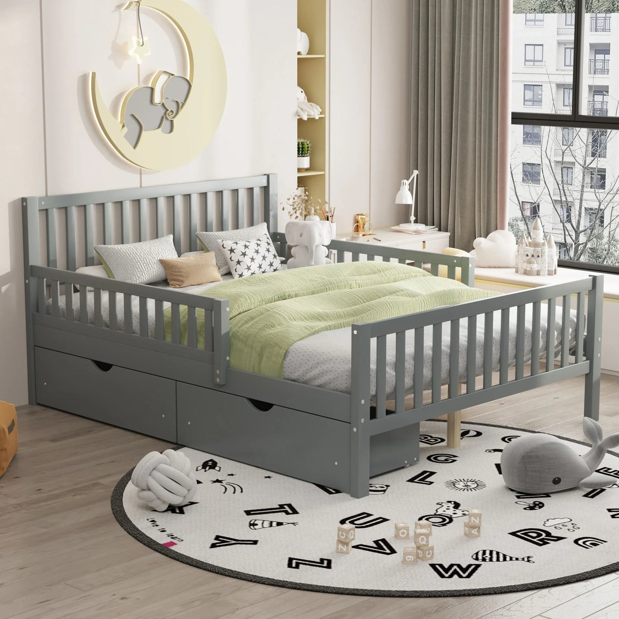 Platform Bed With Guardrails On Both Sides And 2 Storage Drawers - Furniture Home Direct