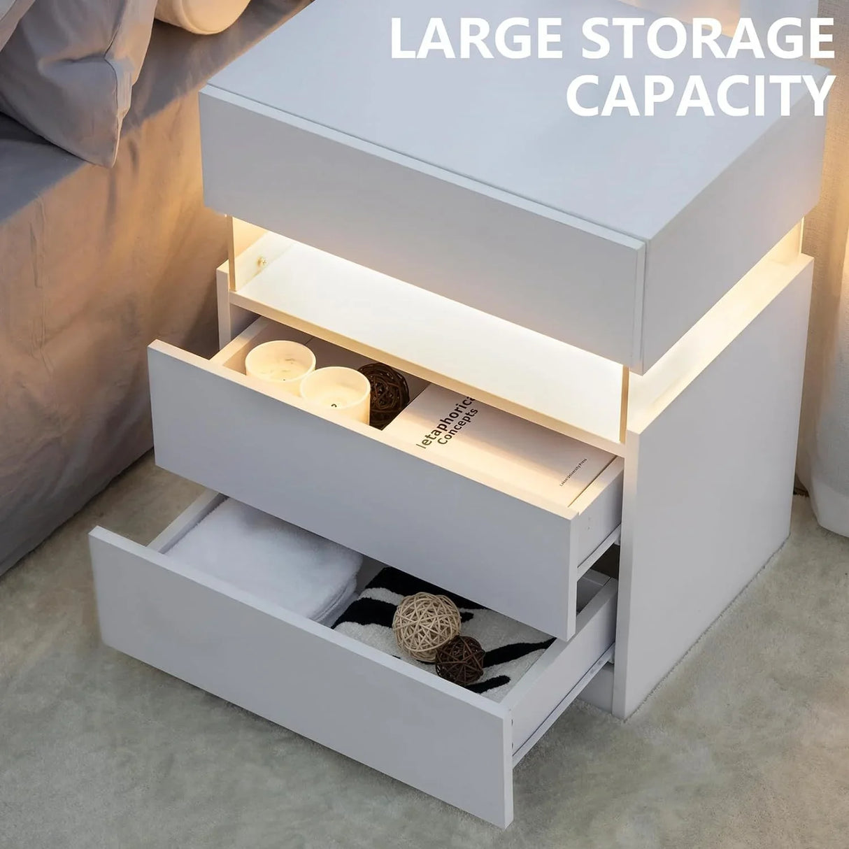 LED Nightstands, 3 Drawer For Bedroom - Furniture Home Direct