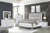 Queen Bed Set LED Upholstered Headboard Marble Finish White - Furniture Home Direct
