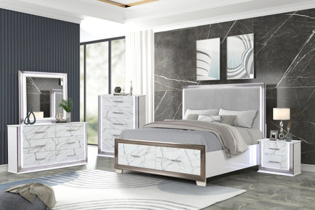 Queen Bed Set LED Upholstered Headboard Marble Finish White - Furniture Home Direct