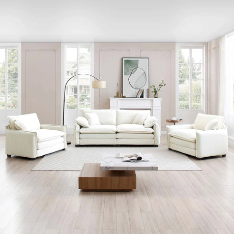 Luxurious and Sophisticated 3 Piece Corduroy Living Room Set with Soft Cushions and Pillows - White - Furniture Home Direct