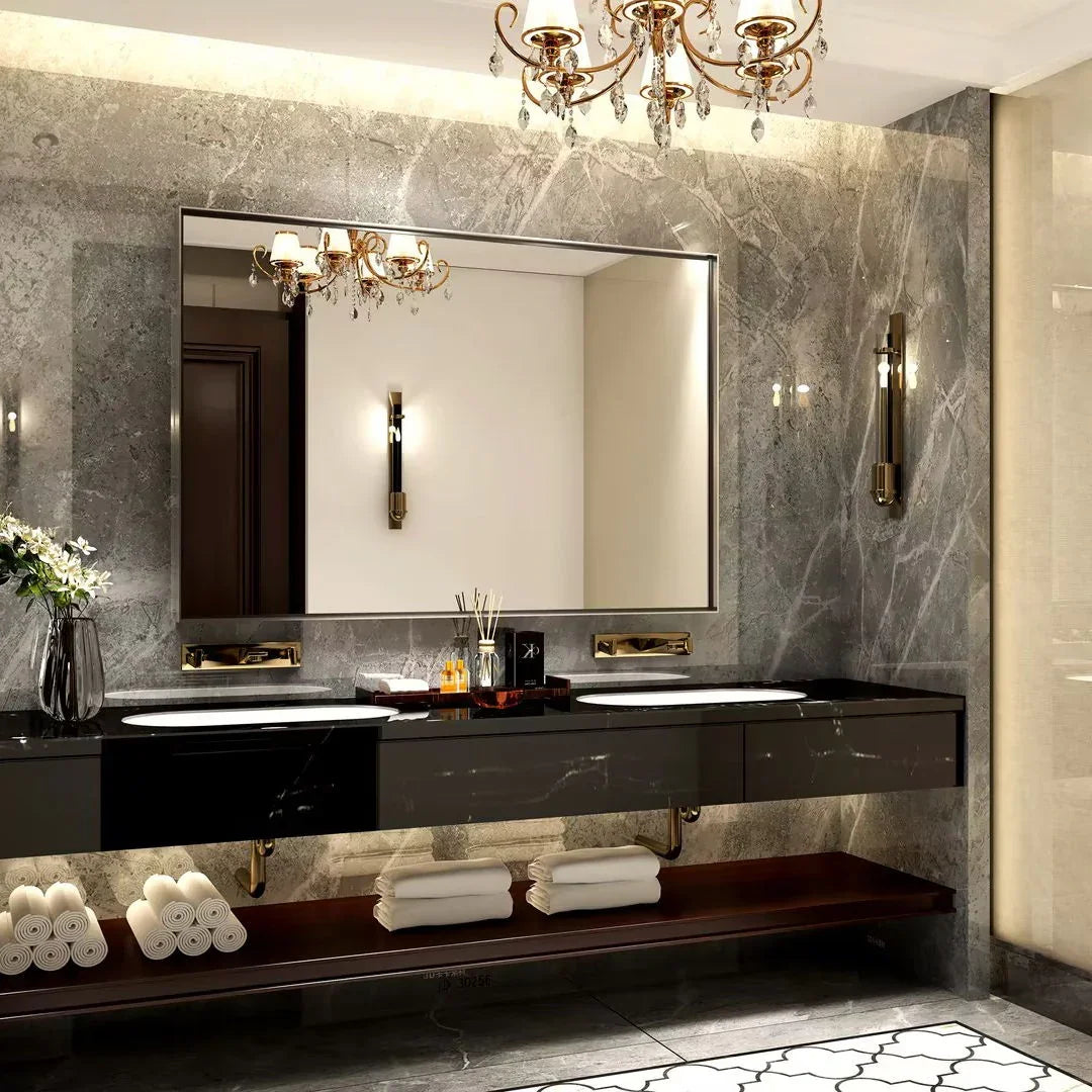 40X30" Silver Rectangular Wall-Mounted Beveled Bathroom Mirror, Square Angle Metal Frame Wall Mounted Bathroom Mirrors For Wall (Horizontal & Vertical) - Silver - Furniture Home Direct