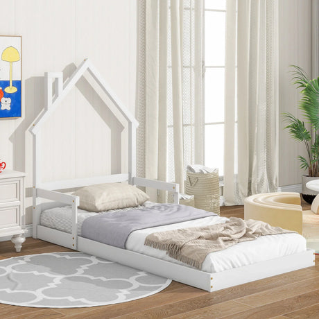 Twin House-Shaped Headboard Floor Bed With Handrails, Slats - Furniture Home Direct