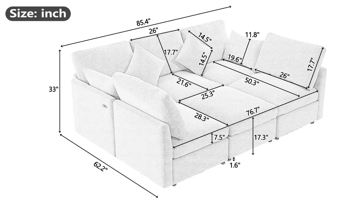 Sectional Sofa, Modular With USB Ports And Ottoman, Grey - Furniture Home Direct