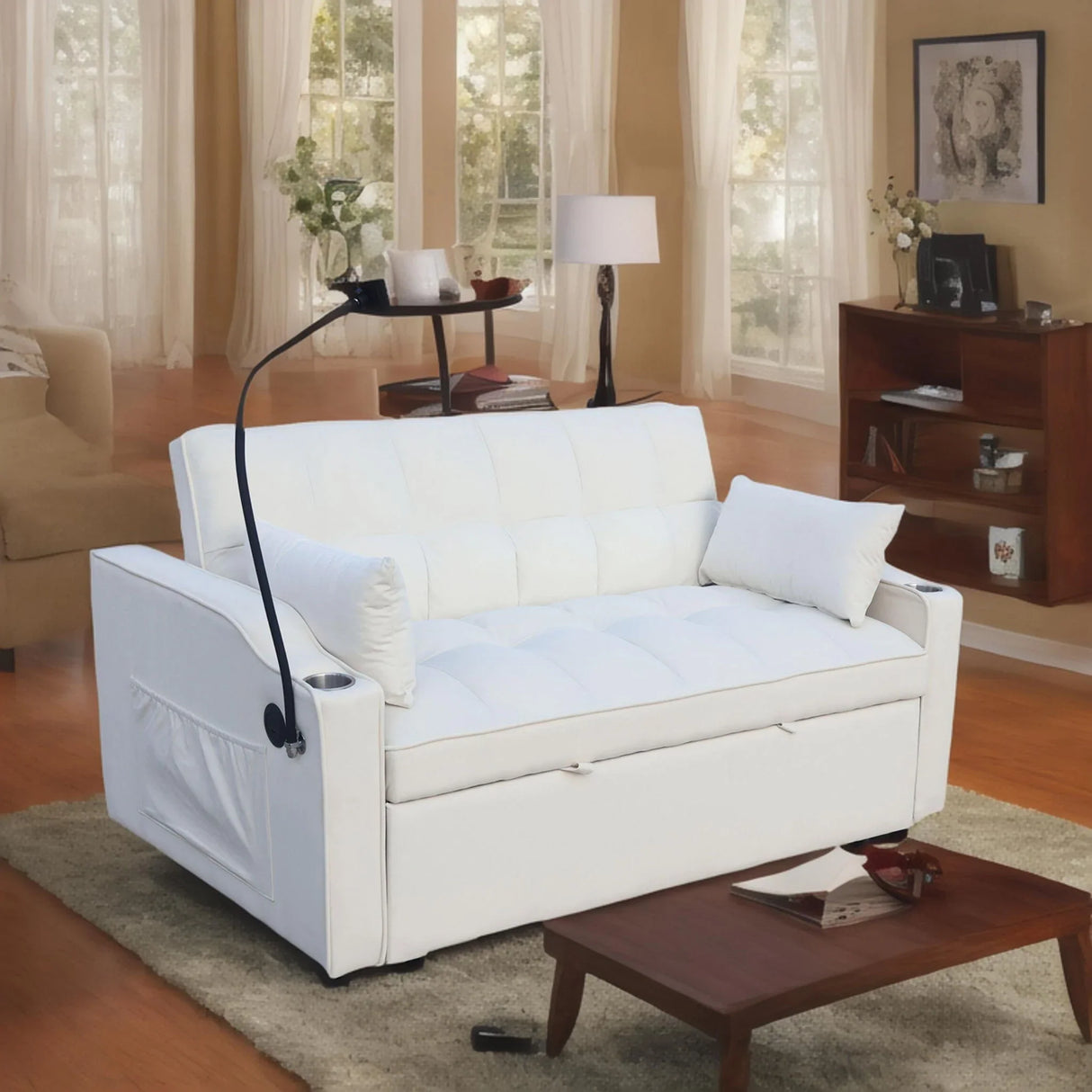 Modern Velvet Loveseat Futon Sofa With Pullout Bed, Adjustable Reclining Backrest, Toss Pillows - Furniture Home Direct