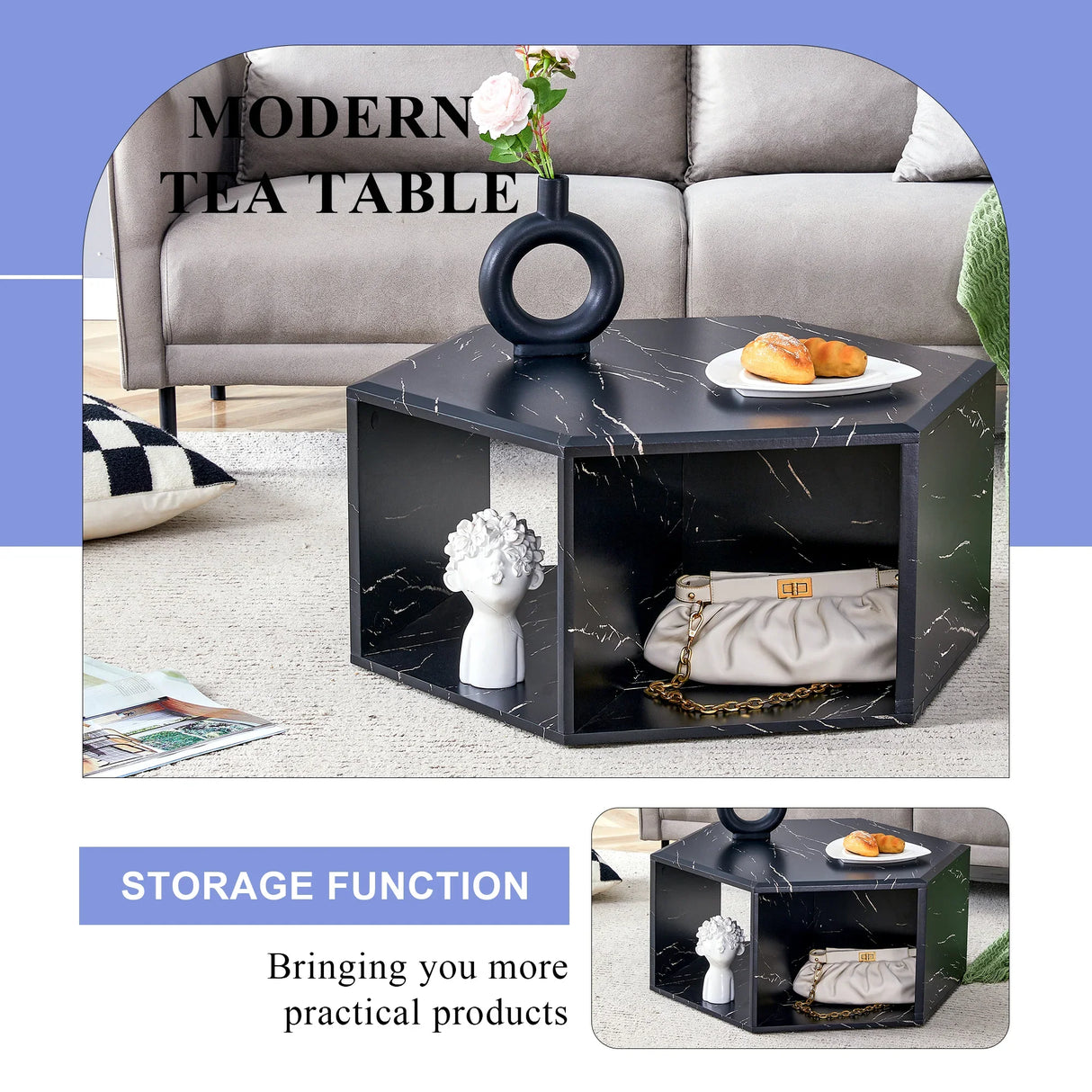 Coffee Table Hexagonal Textured Marble Look Accent Black - Furniture Home Direct