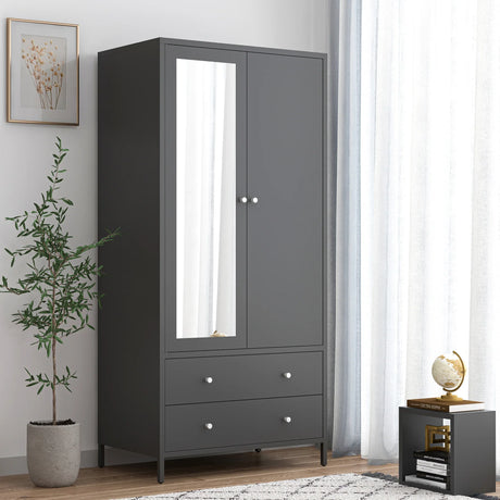 Wardrobe With Mirror Door And Two Drawers Charcoal Gray - Furniture Home Direct