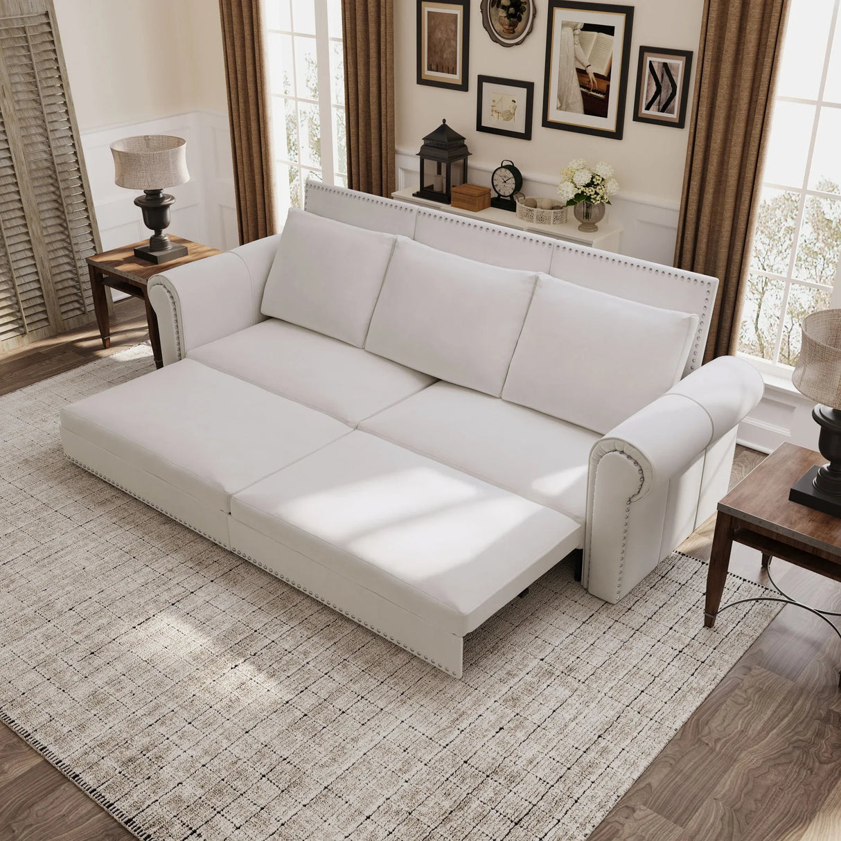 3 In 1 Convertible Sleeper Sofa With Nailhead Trim & Rolled Arm - Furniture Home Direct
