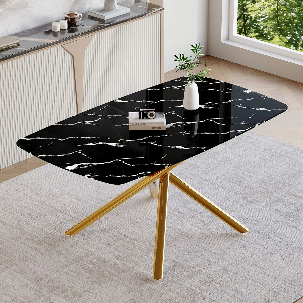Luxurious Marble Patterned Dining Table With Metal Fork Legs - Furniture Home Direct