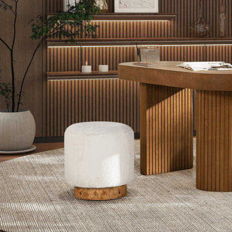 Tilly - Round Fur Upholstered / Burl Pouf Ottoman - White - Furniture Home Direct