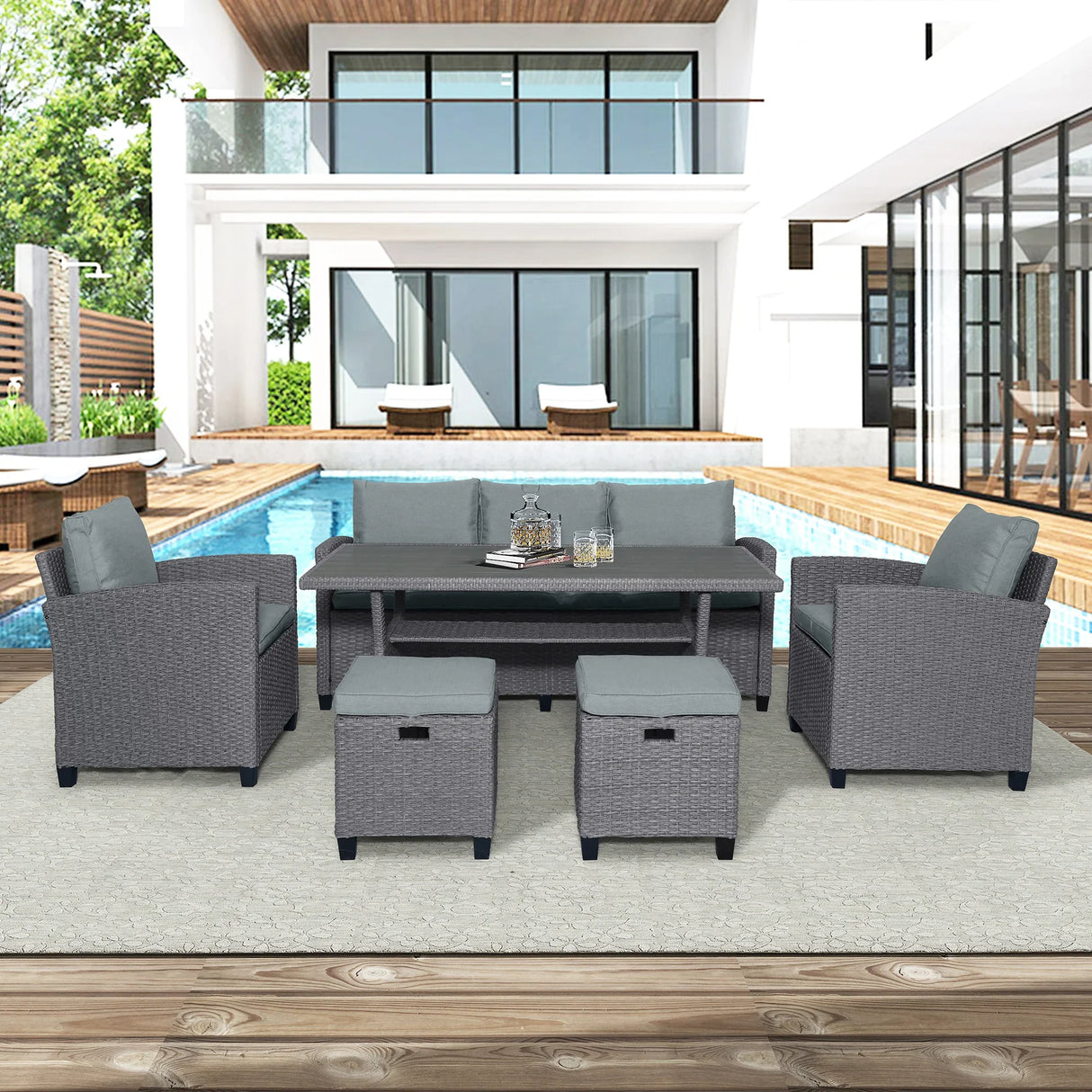 6-Piece Outdoor Wicker Set - Gray - Furniture Home Direct