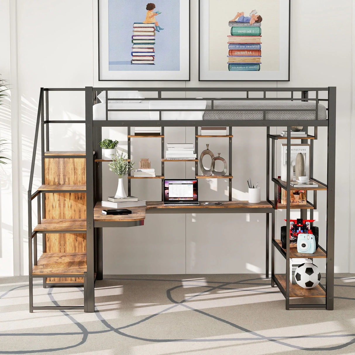 Loft Bed With Storage Staircase And Small Wardrobe, Built - In Desk And Storage Shelves - Furniture Home Direct