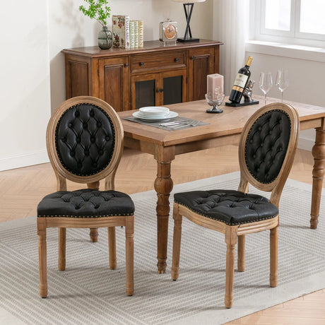 French Style Solid Wood Frame Antique Painting, Hand-Pulled Buckle Decoration PU Artificial Leather Dining Chair With Nailhead Trim, Wood Legs - Furniture Home Direct