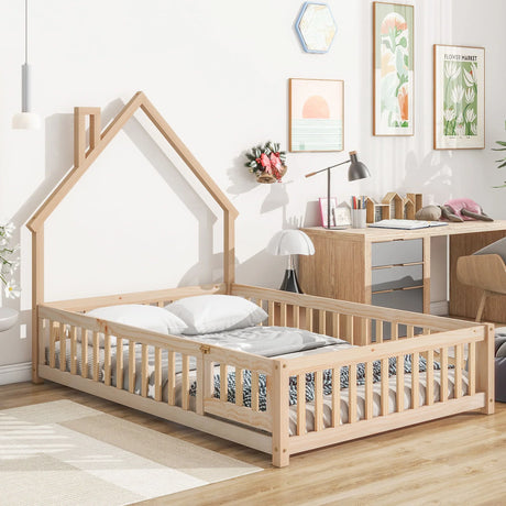 House-Shaped Headboard Floor Bed With Fence - Furniture Home Direct