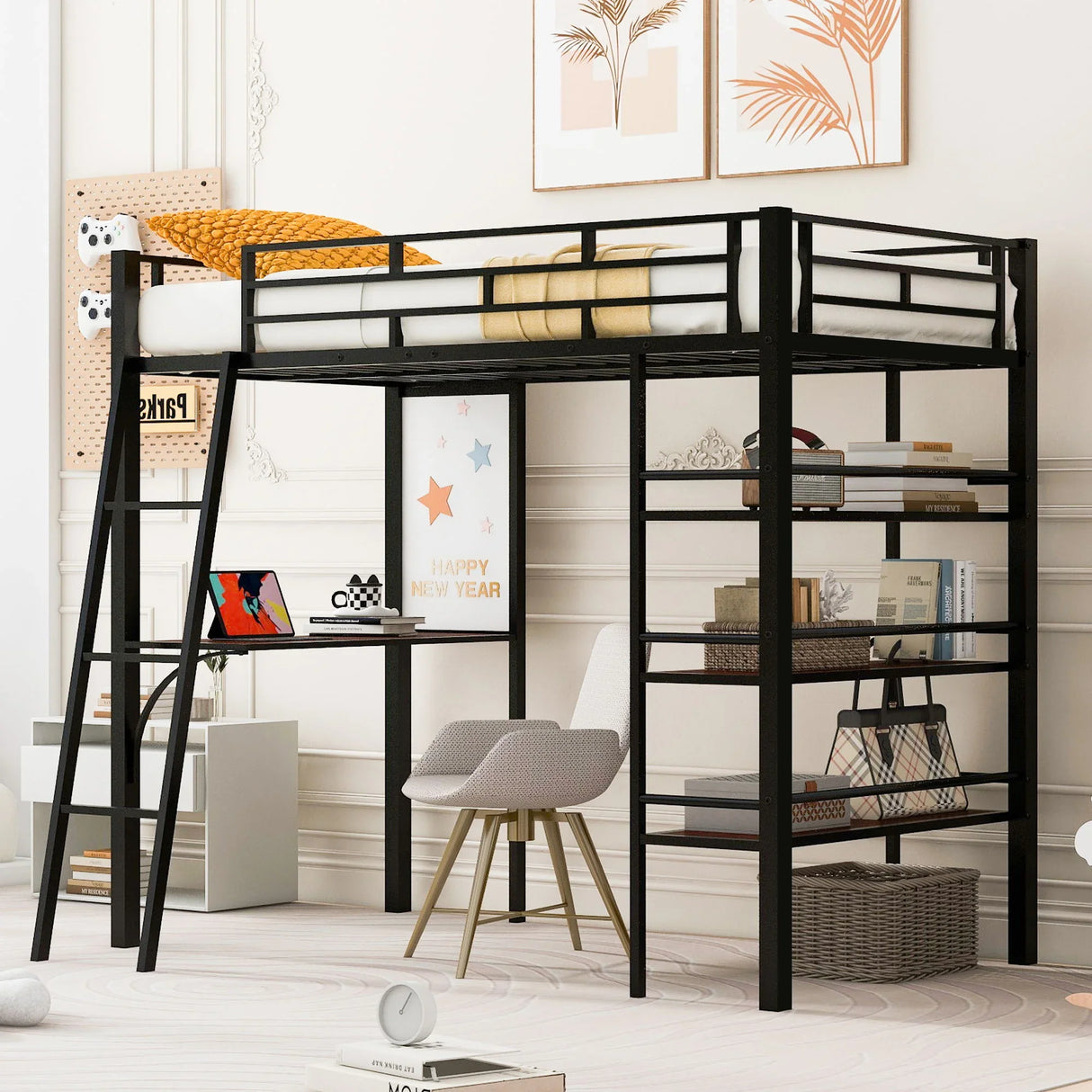 Loft Metal Bed With 3 Layers Of Shelves And Desk, Stylish Metal Frame Bed With Whiteboard - Furniture Home Direct