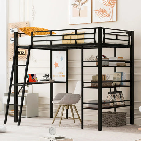 Loft Metal Bed With 3 Layers Of Shelves And Desk, Stylish Metal Frame Bed With Whiteboard - Furniture Home Direct