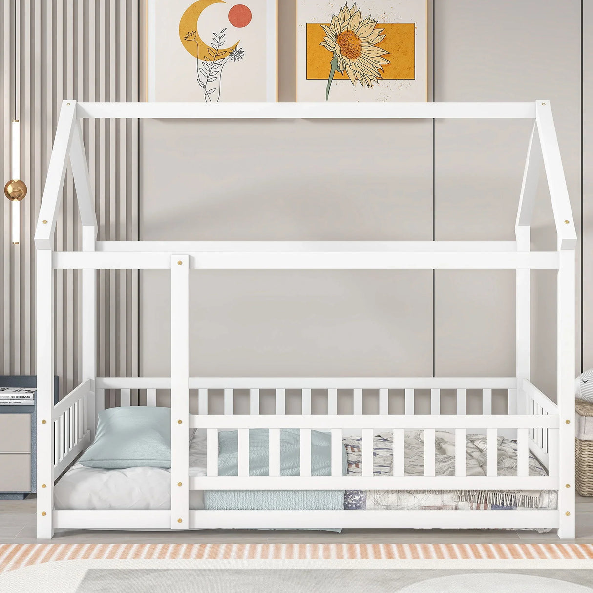 Floor Wooden Bed With House Roof Frame, Fence Guardrails - Furniture Home Direct