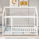 Floor Wooden Bed With House Roof Frame, Fence Guardrails - Furniture Home Direct