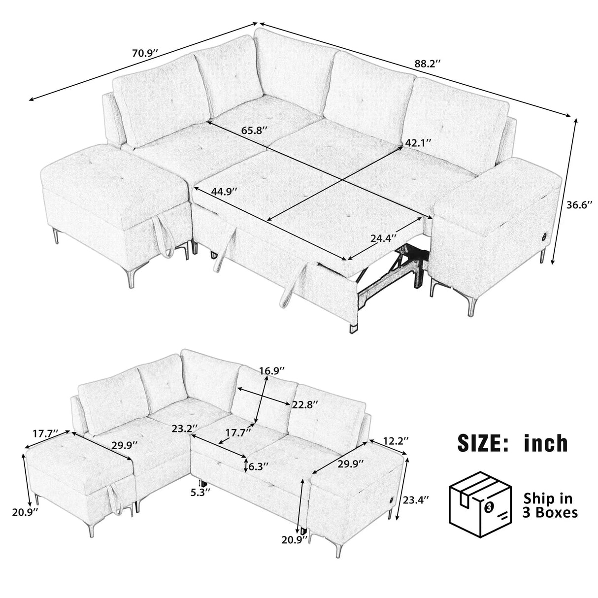 Versatile L Shaped Sofa Bed With Storage, Cup Holders, USB Ports Chenille - Furniture Home Direct