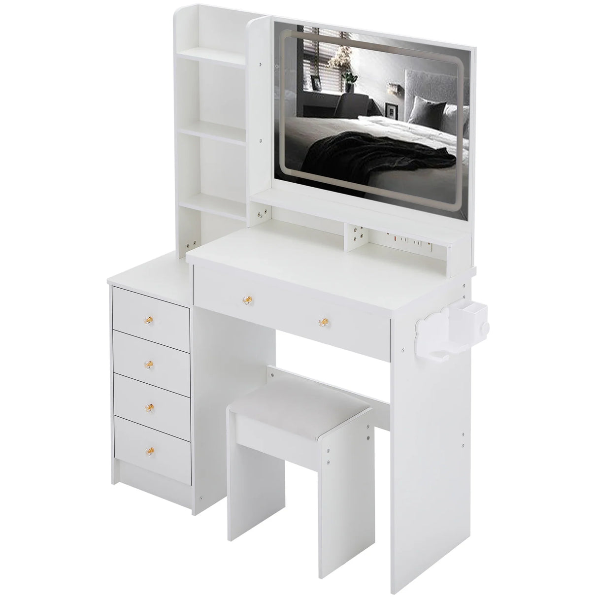 Vanity Desk With Cushioned Stool Mirror Makeup White - Furniture Home Direct