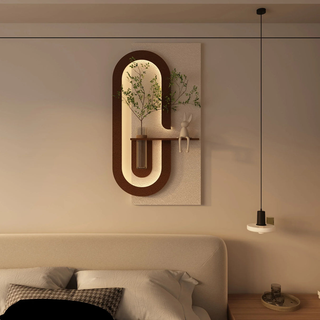 Adjustable LED Sandstone Wall Decor With Simulated Plants 3D Art Sculpture, Glass Vase & Rabbit Statue, Remote Control - Light Coffee - Furniture Home Direct