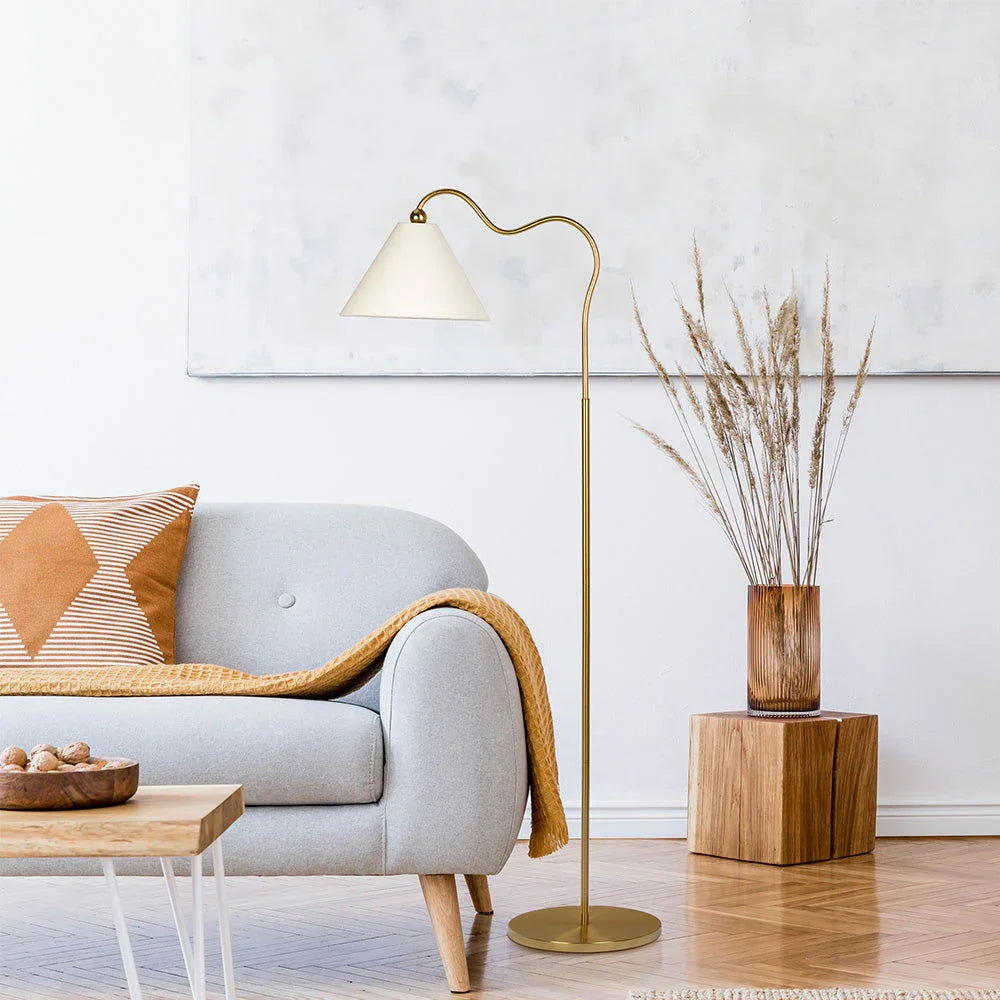 Majestic - Ring Base Curved Floor Lamp With Triangle Drum Shade - Gold / White - Furniture Home Direct