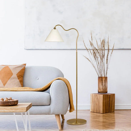Majestic - Ring Base Curved Floor Lamp With Triangle Drum Shade - Gold / White - Furniture Home Direct