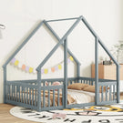 Wood House-Shaped Floor Bed With Fence, Guardrails - Furniture Home Direct
