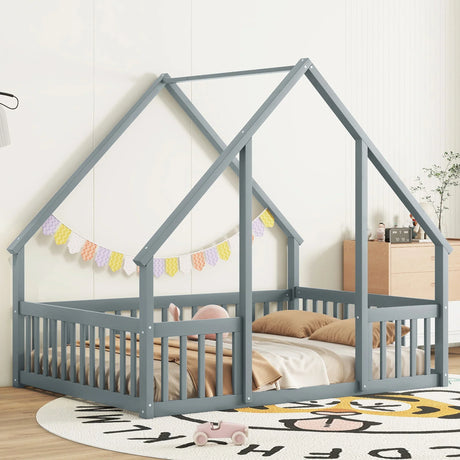 Wood House-Shaped Floor Bed With Fence, Guardrails - Furniture Home Direct