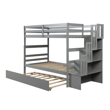 Twin Over Twin Bunk Beds With Twin Trundle And Stairway Storage Function - Furniture Home Direct