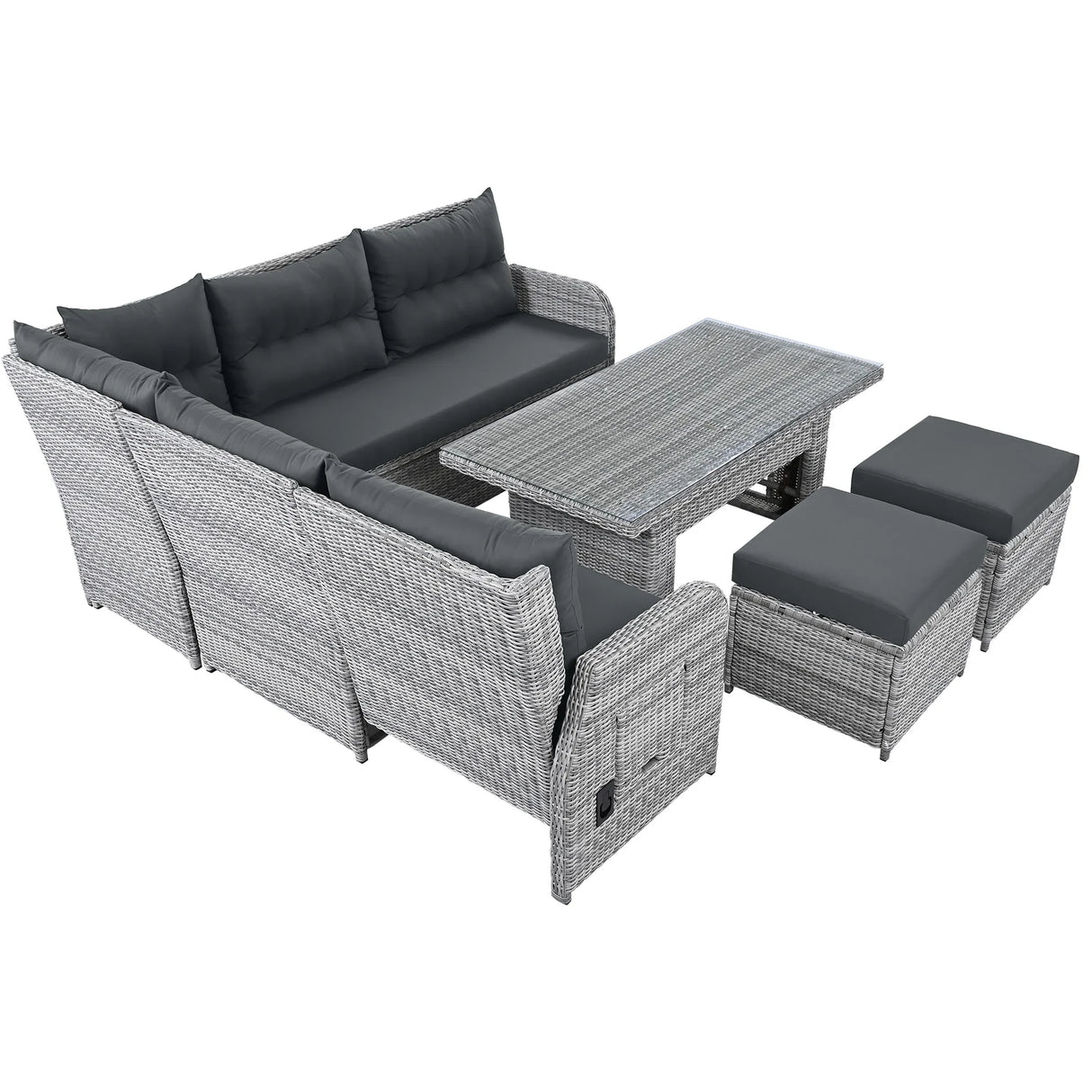 6 Piece Patio Set With An Adjustable Table, Recliners With Extendable Side Tables, And 2 Ottomans - Gray - Furniture Home Direct
