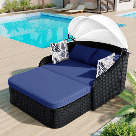 Outdoor Sunbed With Adjustable Canopy, Daybed With Pillows, Double Lounge, PE Rattan Daybed - Furniture Home Direct