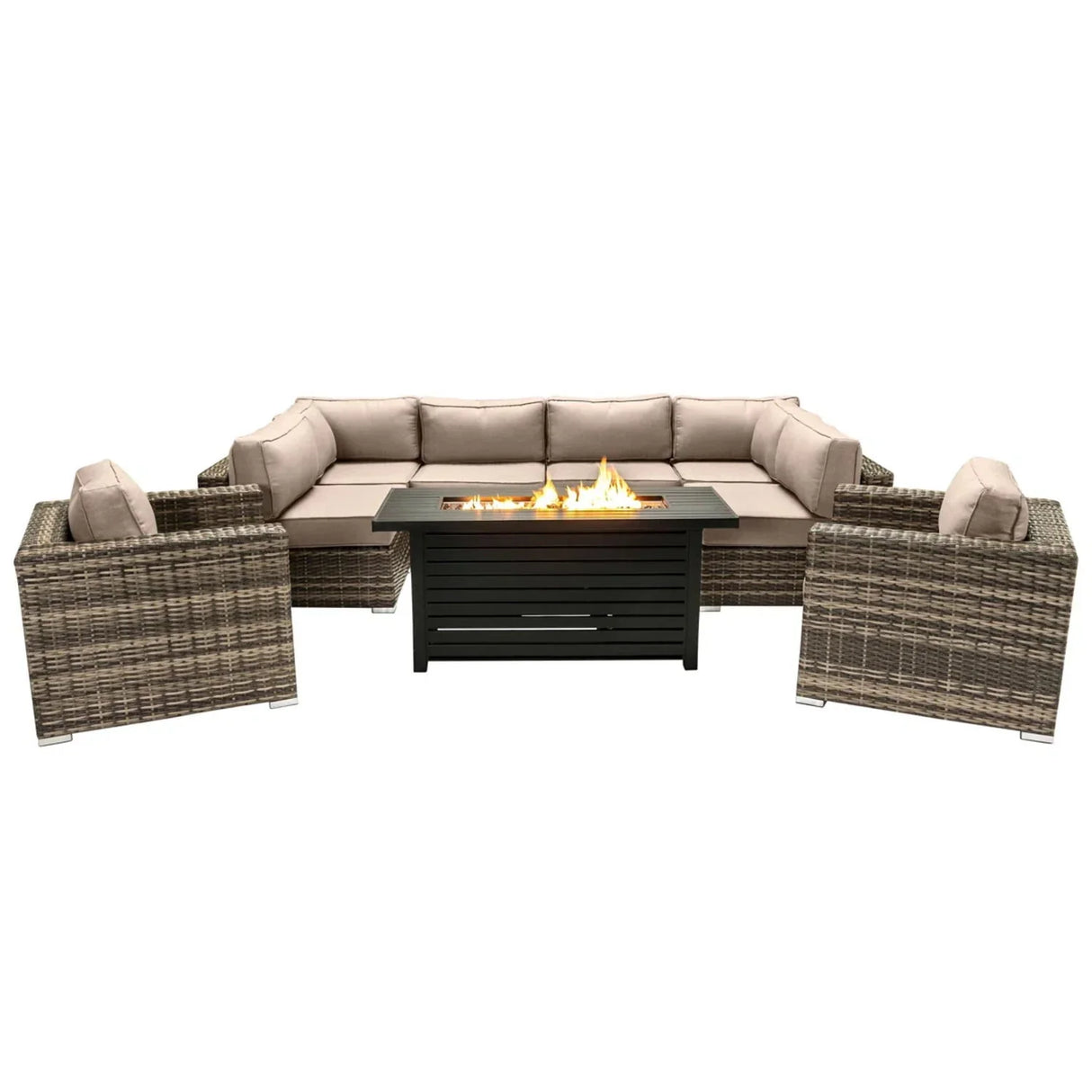 9 Piece Outdoor Sectional Set With Fire Pit Table And Cushions - Beige - Furniture Home Direct