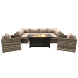 9 Piece Outdoor Sectional Set With Fire Pit Table And Cushions - Beige - Furniture Home Direct