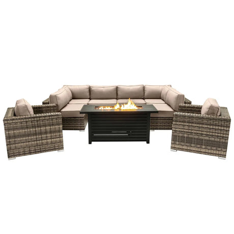 9 Piece Outdoor Sectional Set With Fire Pit Table And Cushions - Beige - Furniture Home Direct
