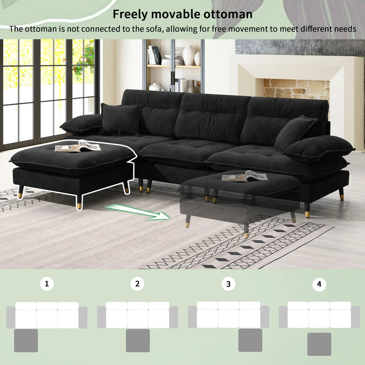 L Shaped Convertible Sectional Sofa 4 Seat Tufted Couch Set With Two Tone Adjust Legs Cloud Movable Ottoman - Furniture Home Direct