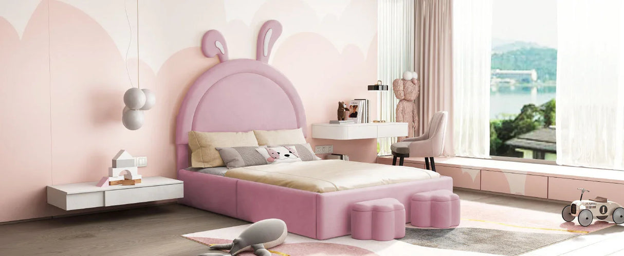 Rabbit Shaped Bed With Storage Stools Upholstered Pink - Furniture Home Direct