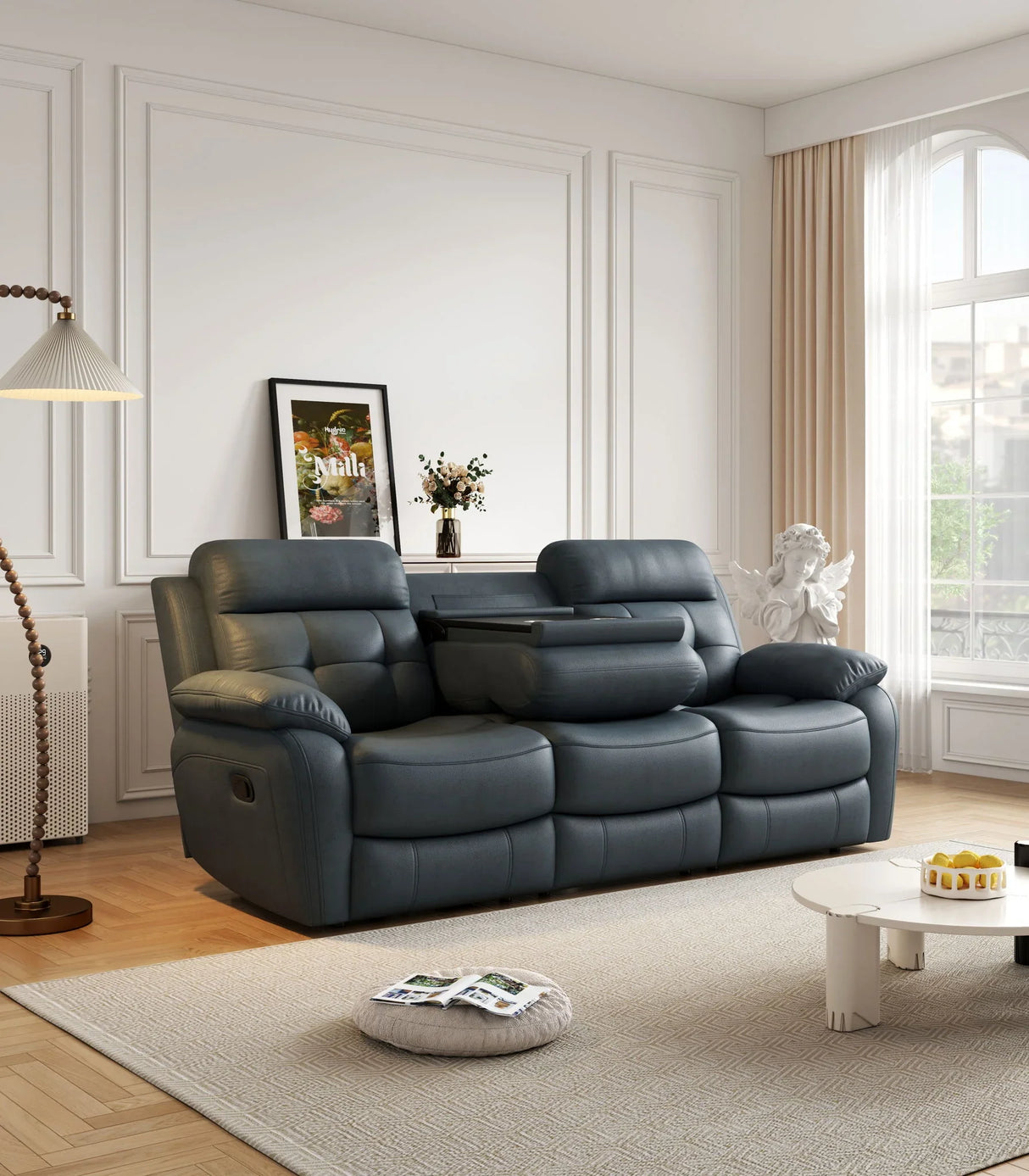 Genuine Leather Non Power Reclining Sofa With Drop Down Table, Stainless Steel Cupholders And Magazine Bag - Furniture Home Direct