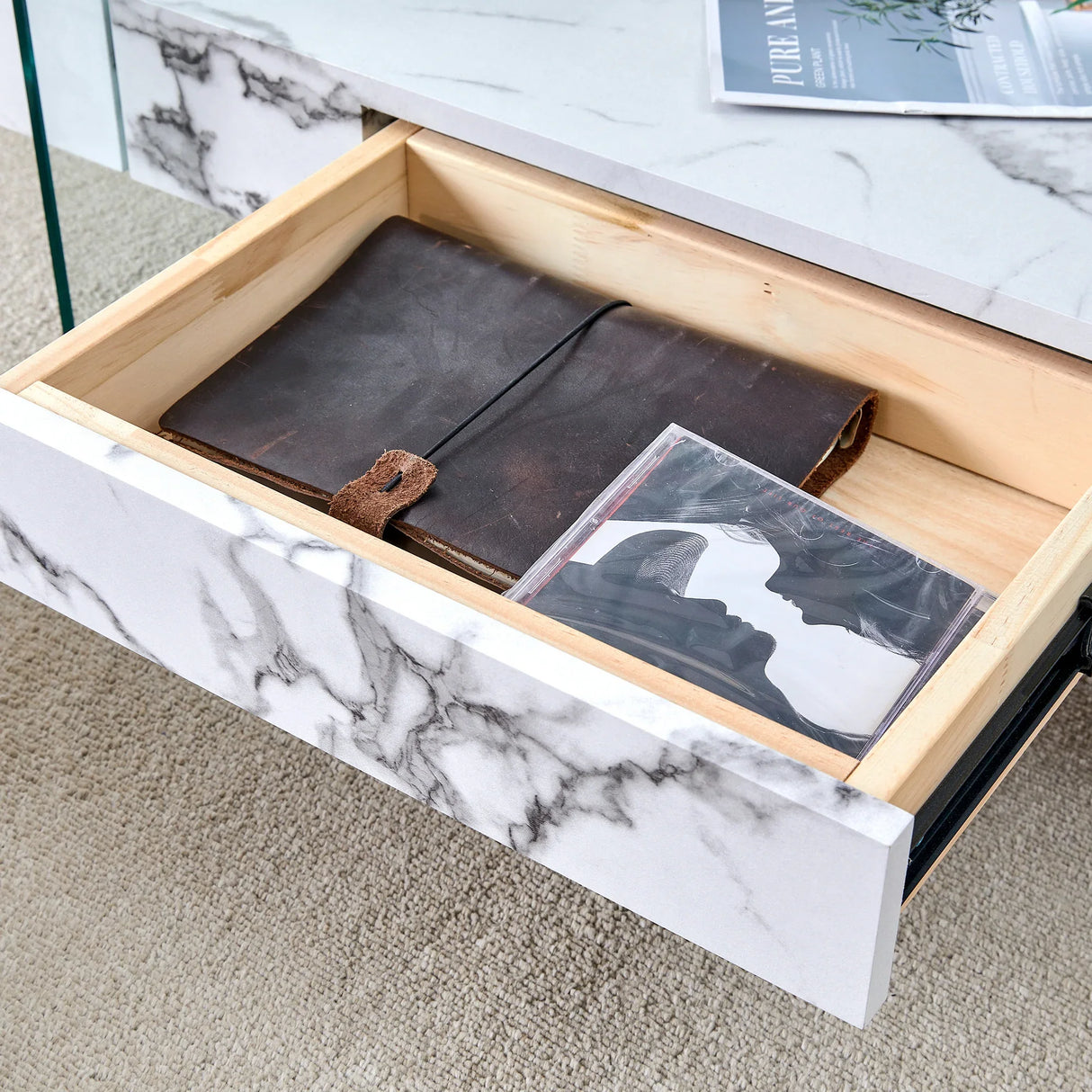 Coffee Table Glass Top Marble Base Modern Style White - Furniture Home Direct