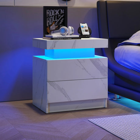 Nightstand LED, Bedside Table Cabinet With 2 Drawers For Bedroom - Furniture Home Direct