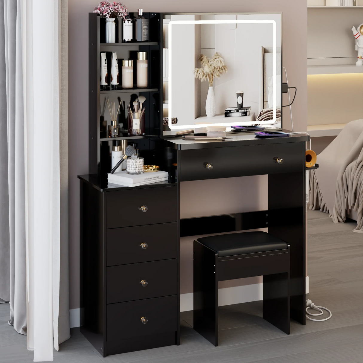 Vanity Table with Cushioned Stool Modern Finish Black - Furniture Home Direct