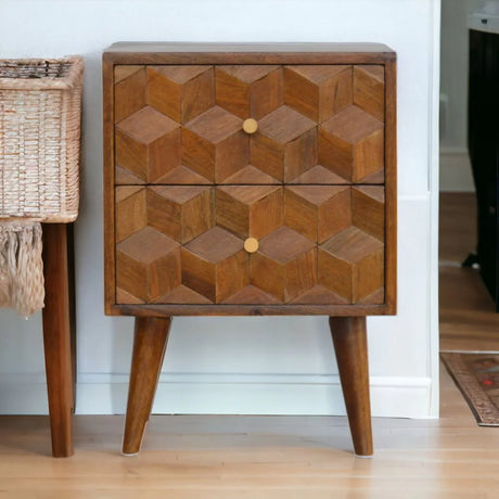 Cube Carved Bedside Table Nightstand - Chestnut - Furniture Home Direct