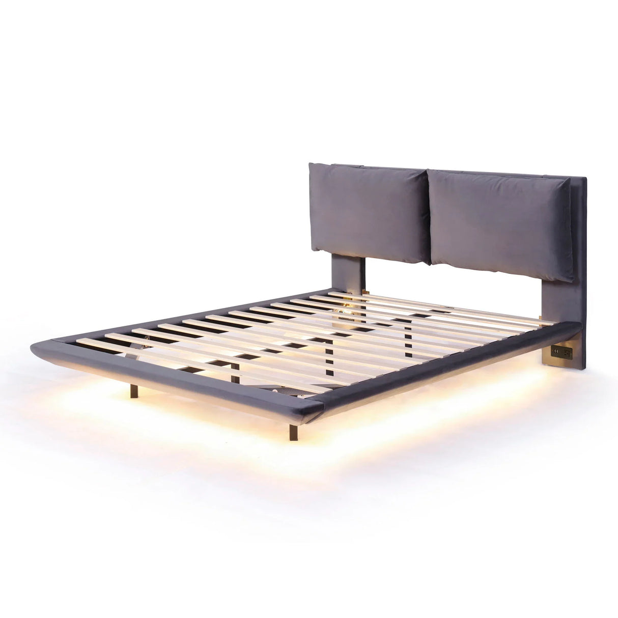 Upholstered Platform Bed With Sensor Light And 2 Large Backrests, With 2 Sets Of USB Port And Socket On Each Rear Bed Leg - Furniture Home Direct