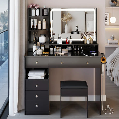 Vanity Desk With Cushioned Stool And Mirror Set Black - Furniture Home Direct
