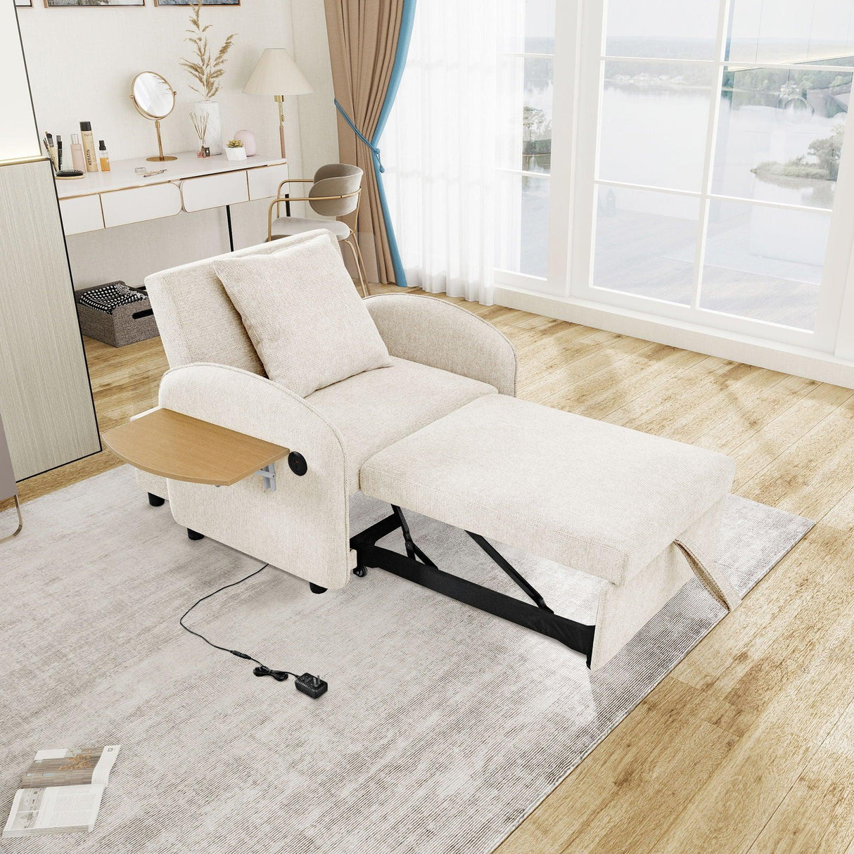 Convertible Single Chair Bed With Computer Board And USB Ports, 3 In 1 Sofa Bed - Beige