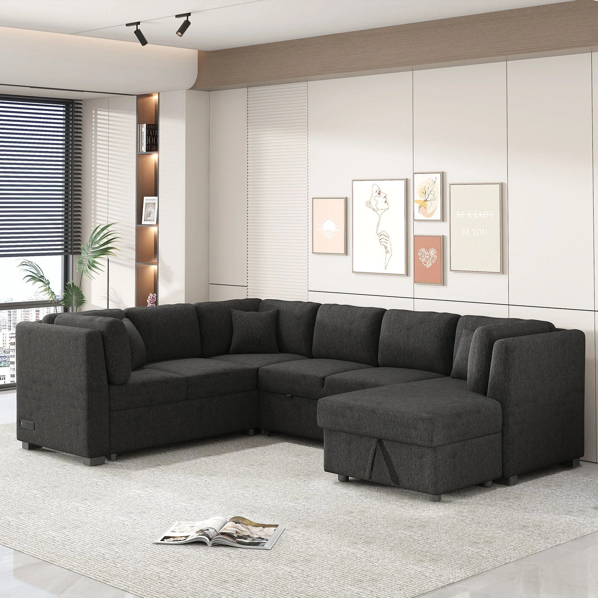 U-Shaped Sectional Sofa Pull Out Sofa Bed With Two USB Ports, Two Power Sockets, Three Back Pillows And A Storage Chaise For Living Room - Furniture Home Direct