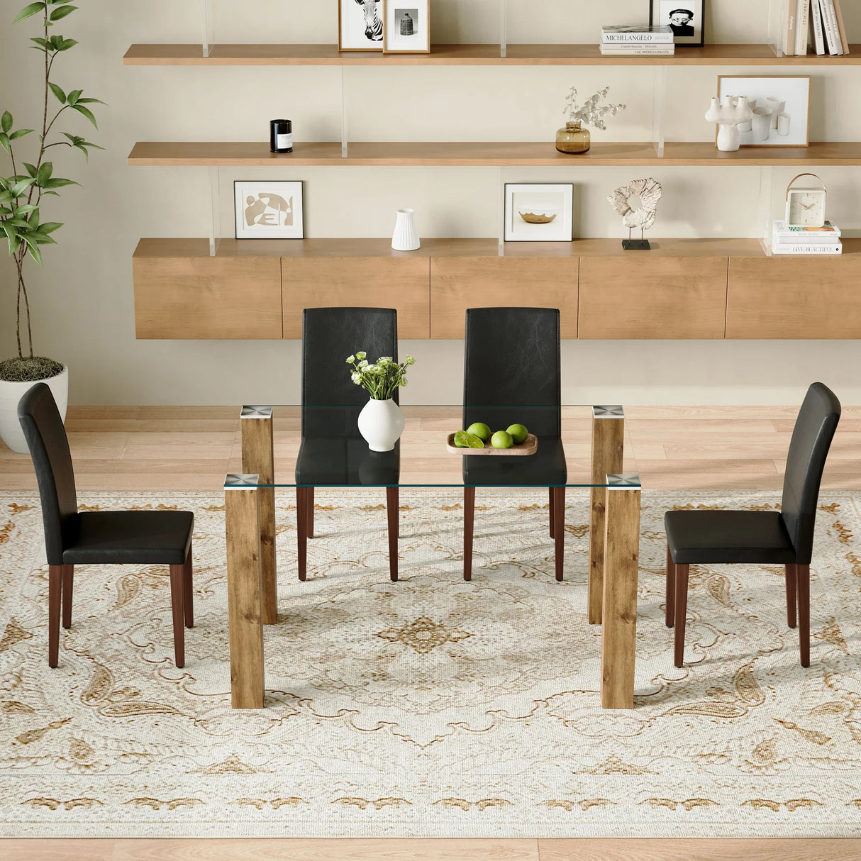 Dining Set Glass Top Table With PU Leather Chairs Black - Furniture Home Direct